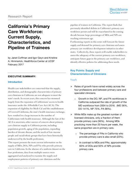 PMF 2018 Report UCSF Healthforce Center Exec. Summary report on CA MD, NP, DO