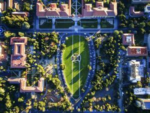 The Oval, aerial view of the open space in the middle of Stanford University Campus at Palo Alto.